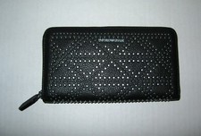NWT 345 Emporio Armani Zip Around Embellished Leather Wallet, Black