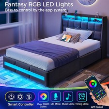 Twin Size Bed Frame with Upholstered Headboard   Drawers   Charging Station  LED