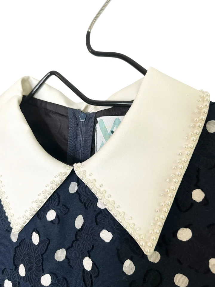 Val Max 女孩蓝色白色圆点茶会礼服,尺寸 9串珠蝴蝶结细节复古 — 第 3/4 张图片