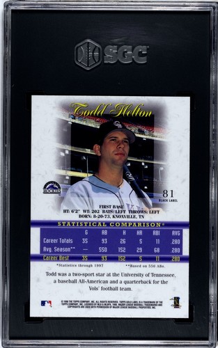 1998 Topps Gold Label #81 Todd Helton Class 2 Black Label SGC 9 MT - Picture 2 of 2