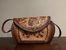 Vintage Mexican Hand Tooled Leather Purse Handbag Roses Floral Design With Strap