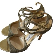Jimmy Choo Gold Glitter Strappy Ankle Strap Open Toe Heels Leather Sole EU 36.5