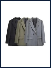 Women's Double Breasted Office Wear Blazer Coat, Long Sleeve, Flap Pockets