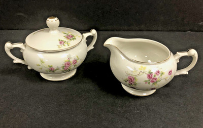 Pink White Rose China CREAMER & SUGAR BOWL SET Made in Occupied JAPAN 40's Gold