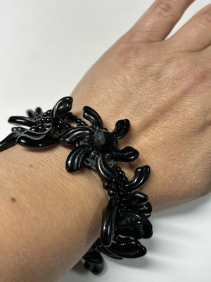 Vintage Miriam Haskell Black Glass Floral Bracelet   Signed