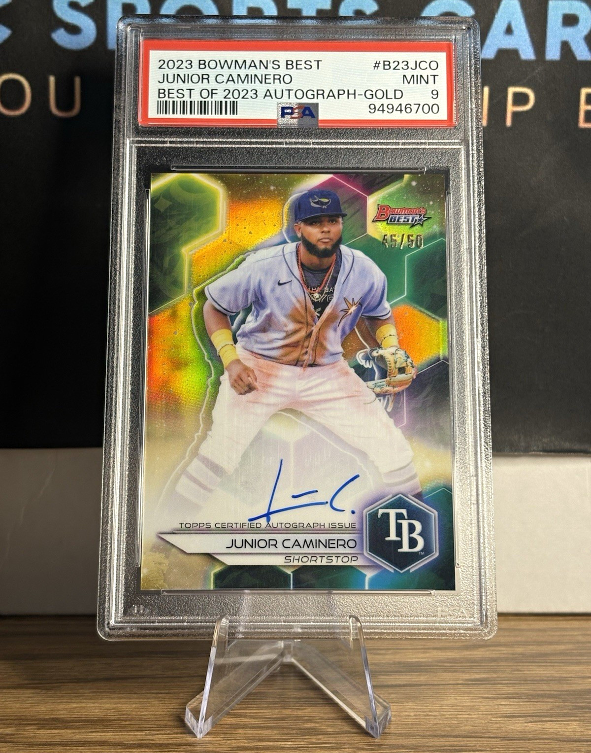 Junior Caminero Topps 2023 Bowman's Best Gold Refractor Auto /50 PSA 9 Rays!
