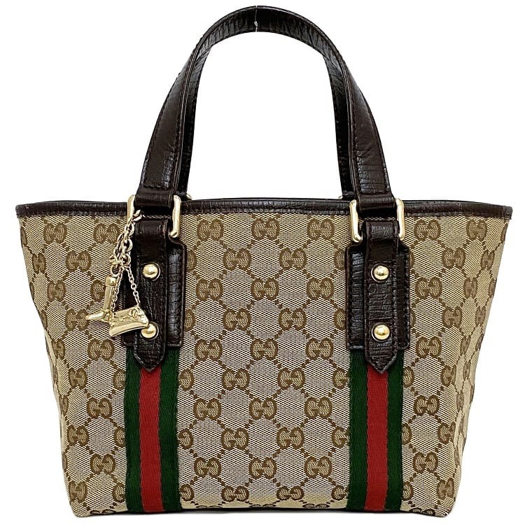Gucci Handbag Beige Brown Sherry Charm Canvas Leather Bag Tote Striped