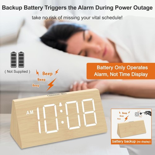 DreamSky Wooden Digital Alarm Clocks for Bedrooms - Electric Desk Clock White - Afbeelding 3 van 7