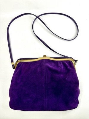 Vintage Echt Wildleder Leder Lila Umhängetasche Clutch Goldfarbene Hardware Retro