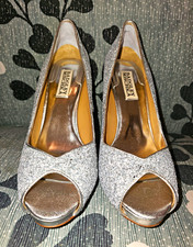 Badgley Mischka Silver Glitter Peep Toe Stiletto Pump Heels Slip-On 6.5M