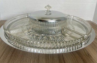 Kromex Relish Tray Lazy Susan Chrome Pressed Glass 7 Piece Serving Set 1950s