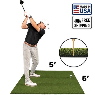 USA-Made 5'x5' Nylon 1'' Turf Golf Hitting Mat | Holds Real Wood Tee + Rubber Tee