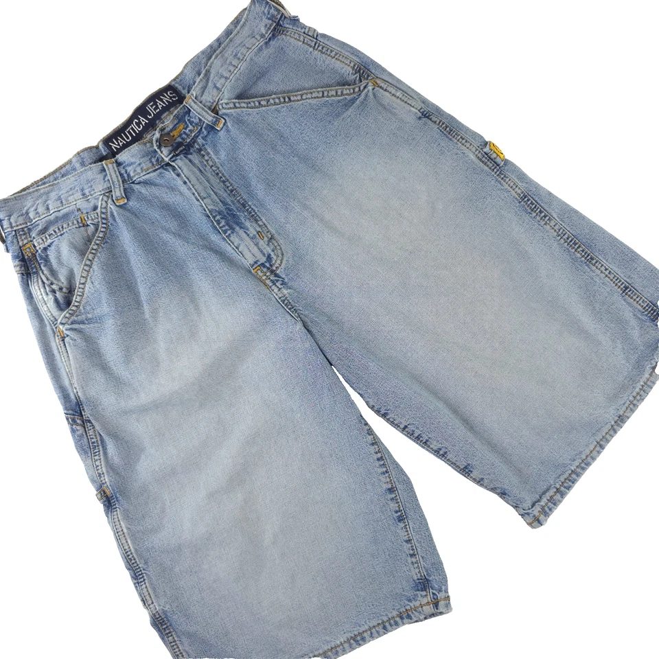 VINTAGE Y2K NAUTICA MEN'S SHORTS SIZE 33 BLUE DENIM CARPENTER STYLE INSEAM: 12.5 - Image 2 of 4