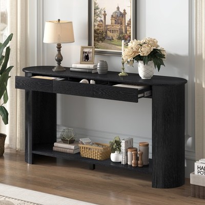 59.8'' Oak Veneer Console Table with 3 Drawers & Shelf, Semi-Circular Design