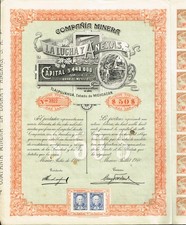BONO EMPRESA MINERA MÉXICO LA LUCHA Y ANEXAS certificado de acciones 1910
