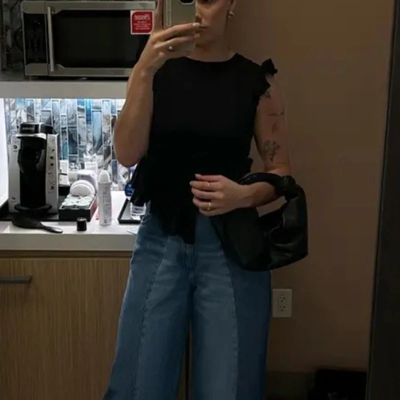 Sandy Liang Black Ruffle Top Black Size 8 Cotton Asymmetrical Designer $465 - Image 4 of 4