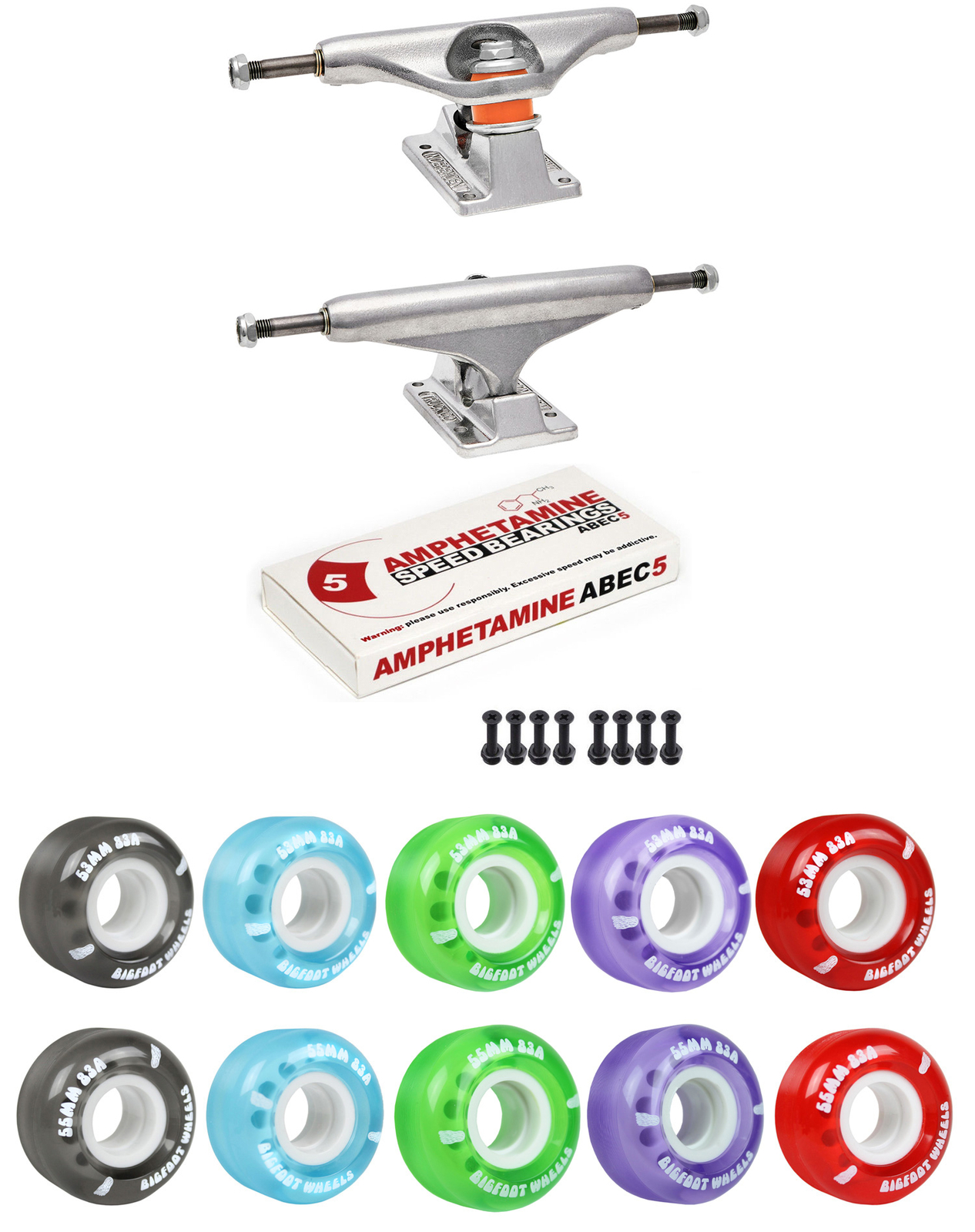 Independent Trucks Skateboard Hardware Combo – Black/Red Bolts + Tool + Risers + Abec 5 Bearings