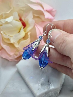 Purple Floral Dangle Earrings, Unique Flower Jewelry, Bridal Earrings