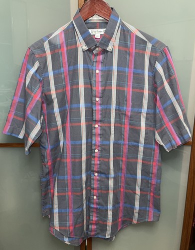 Cacharel, Cacharel Mens Vintage Blue Plaid Button Down Short Sleeve Collared Shirt Size M