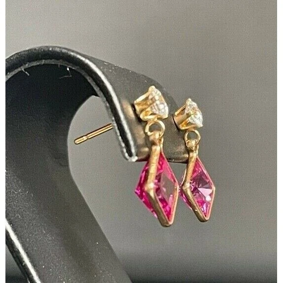 PENDIENTES CIELO ORO AMARILLO 14K ZAFIRO ROSA Y DIAMONIQUE CIRCONITA TALLADO EN LABORATORIO Foto 2 de 4