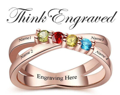 4 Birthstone Rose Gold Mother's Ring Lined Hearts Split Band 4 Names