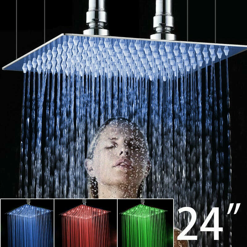 FA Large 24" LED Square Shower Head 2 Holes Ceiling Mount Stainless Steel No Arm