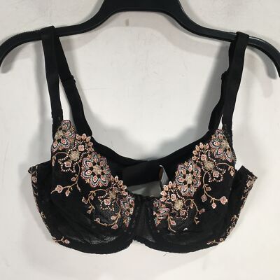 Louisa Bracq Floral Underwire Mesh Bra, Women's Size 36G - Black