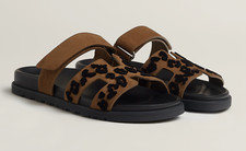 New HERMES CHYPRE WOMEN SANDALS Brown Suede Brun Fumé / Noir Leopard SIZE 38.5