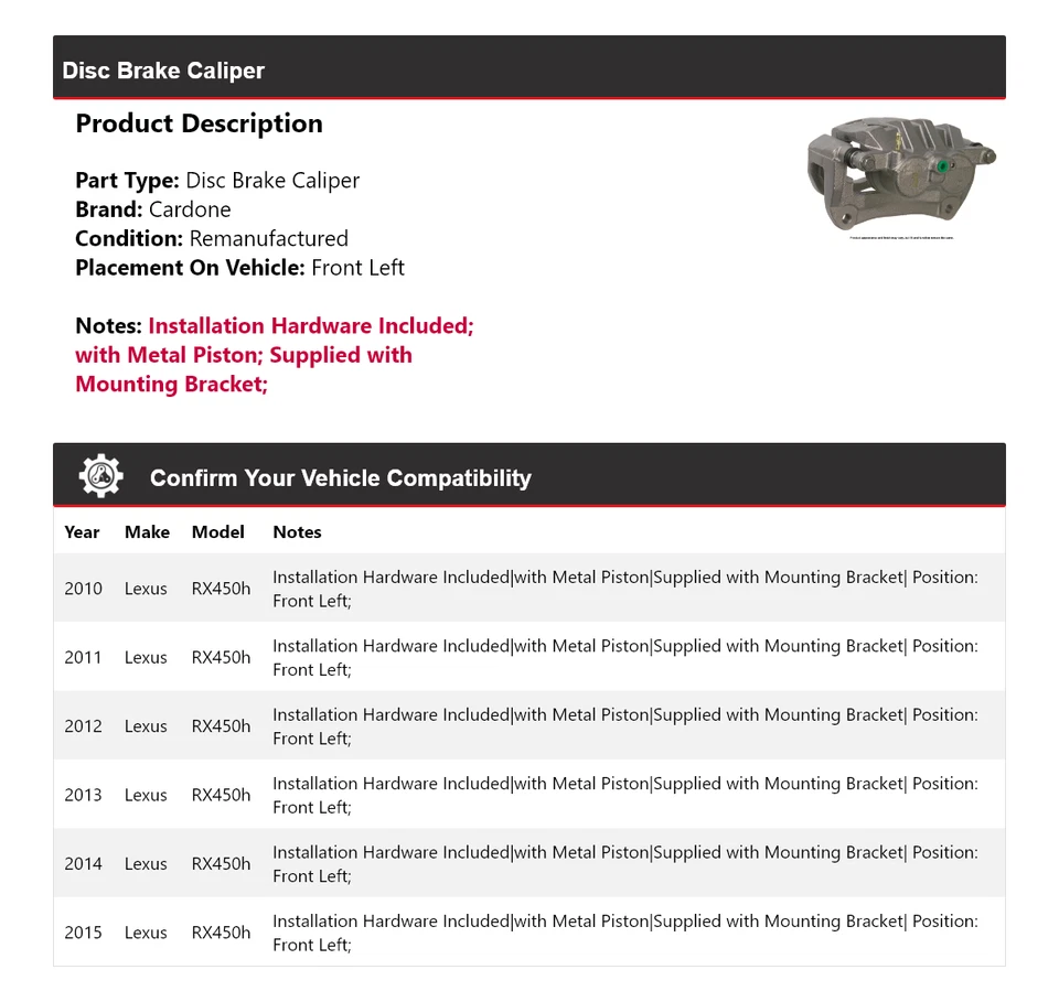 Pinza de freno de disco delantera izquierda cardone 2011 2012 2013 para Lexus RX450h 2010-2015 Foto 2 de 4