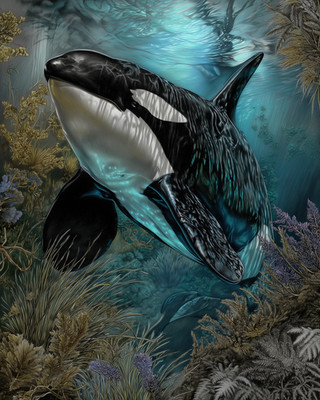 Orca Swimming Upward Through Turquoise Kelp Print - 708602838