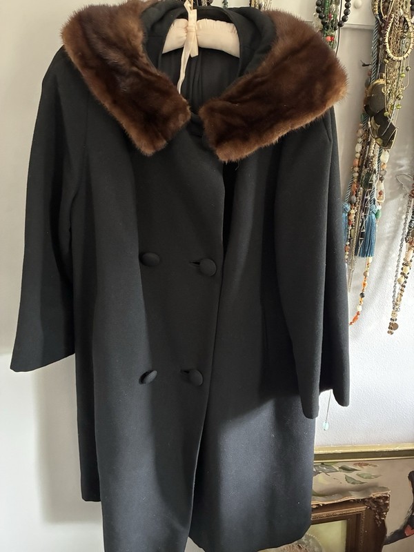 Vintage 50s Franklin Simon Coat Approx Size 12 Mink Collar Full Length Black