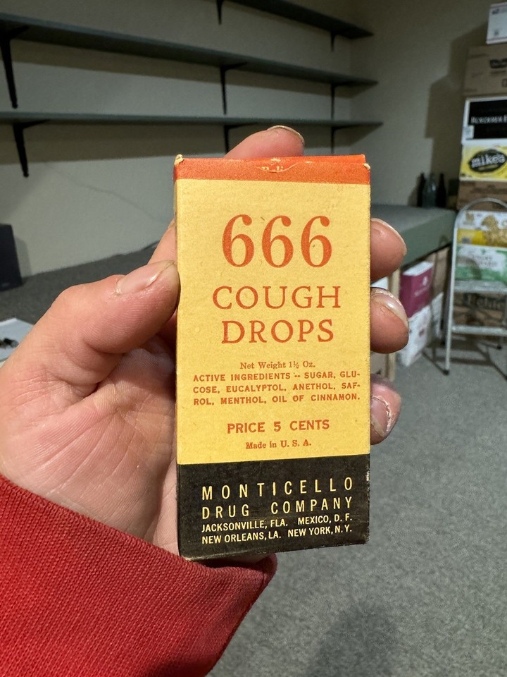 666 Cough Drops Monticello Drug Co FL LA NY Sealed Medicine Box ...