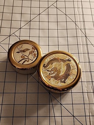 ''The Art of Chokin''  24k Gold Copper Etched Bone China Trinket Box Set Of 2