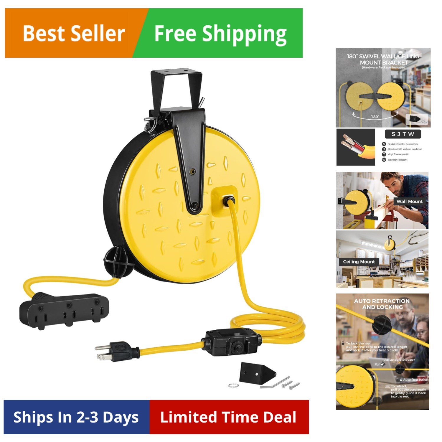 30 Ft Retractable Extension Cord Reel, 16/3 Gauge SJTW Power