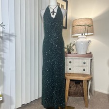Vintage Beaded Sequin Drape Evening Black Tie Party Halter Maxi Dress