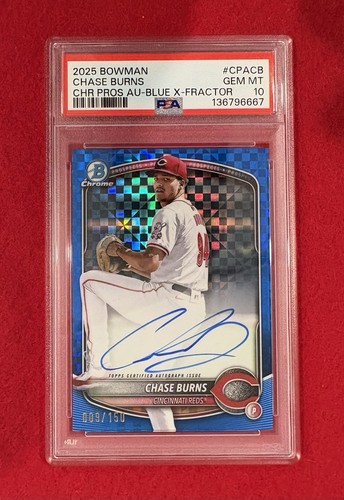 Reds Chase Burns Auto #/150 Blue X-fractor PSA 10 2025 Bowman Chrome Ref. Rookie