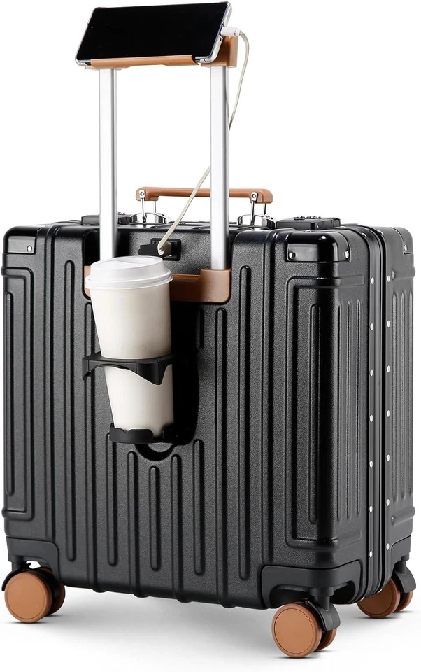 Bagagem de mão com moldura de alumínio 18"/20"/24" com porta USB suporte para telefone - Imagem 4 de 4