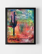 GUAJARDO Original Expressionism Neon Tall Cactus 14X11 Canvas Signed Art