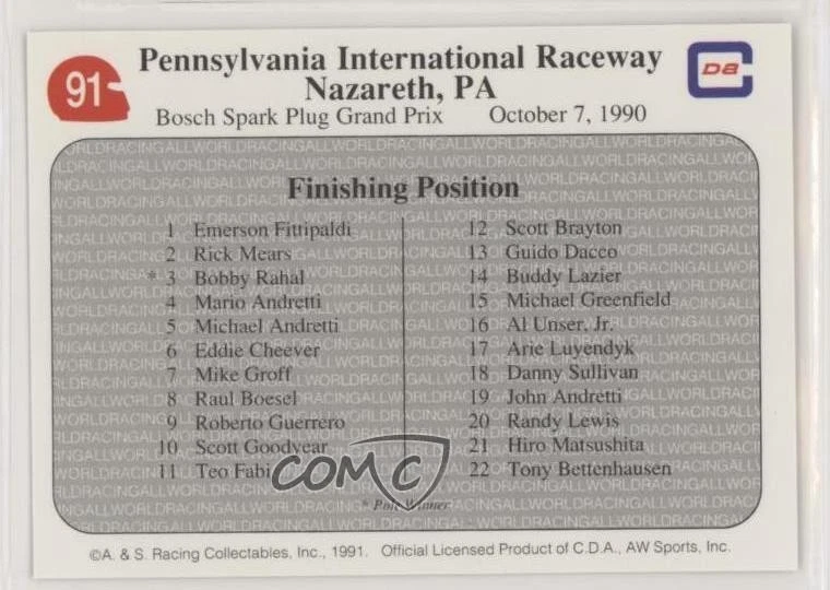 1991 All World PPG Indy Car Series '90 Nazareth Race Emerson Fittipaldi #91 HOF - Image 2 of 2