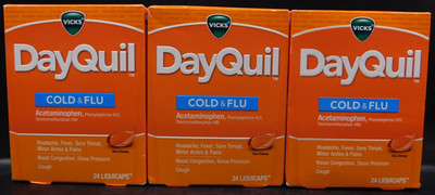 Lot Of 3 Vicks DayQuil Cold & Flu 24 LiquiCaps Ea Exp: 2/26+ New & Sealed