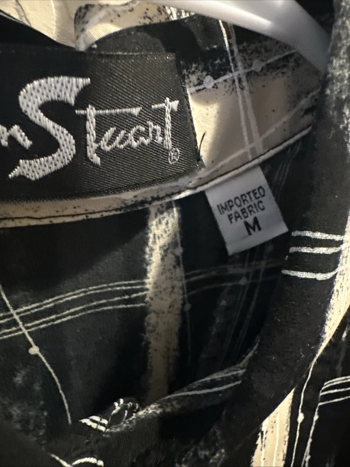 ALAN STUART Mens M Black/Sand Shirt Retro 4-Button Banded Hem Short Sleeve USA - Image 3 of 4