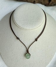 Sea Green Recycled Glass Bead Adjustable Brown 1.5mm Cord Necklace