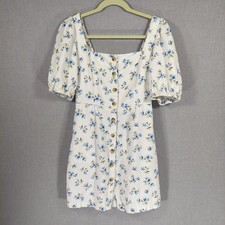 Old Navy S Linen Blend Blue Floral Milkmaid Mini Dress Smocked Pockets Puff