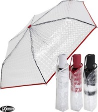 Regenschirm Damen Taschenschirm transparent durchsichtig Automatik farbige Borte