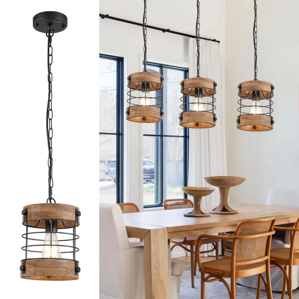 Lámpara colgante rústica de granja para isla de cocina, lámpara de araña de madera Fi... Foto 2 de 4