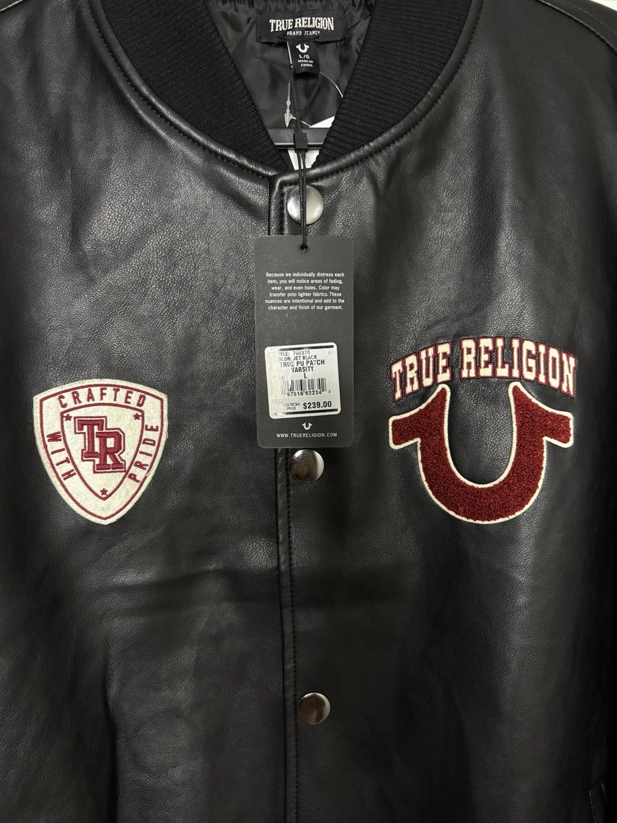 True Religion Men's Black Varsity Jacket PU Leather Snap Embroidered Logo L - product detail image 2