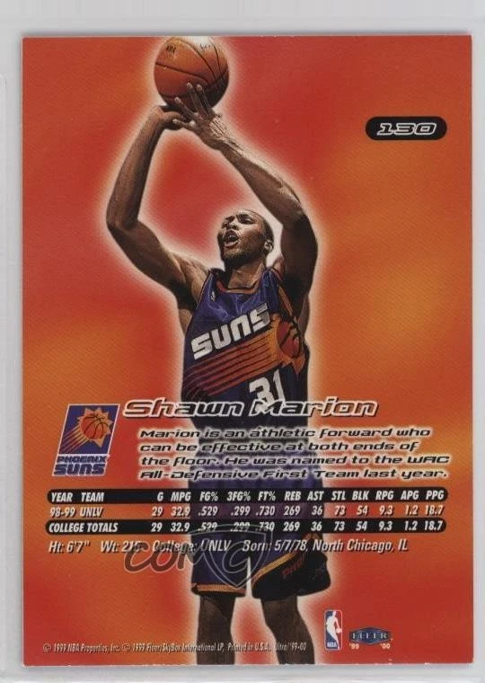 1999-00 Fleer Ultra Shawn Marion #130 Rookie RC - Image 2 of 2