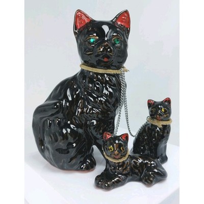 VTG 1950s Redware Black Cat Family Mama & 2 Kittens Figures Green Eyes Japan