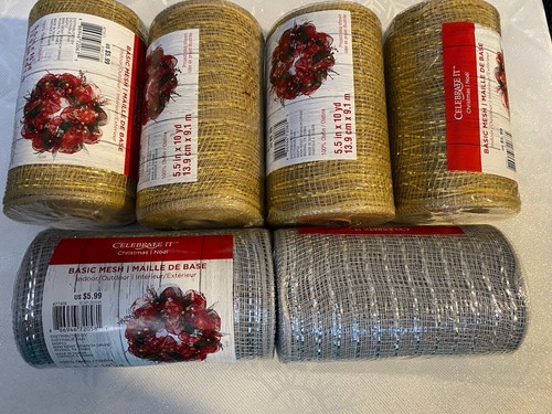 6 Celebrate It 5.5” x 10 yd Decorative Mesh Gold Gray/Silver