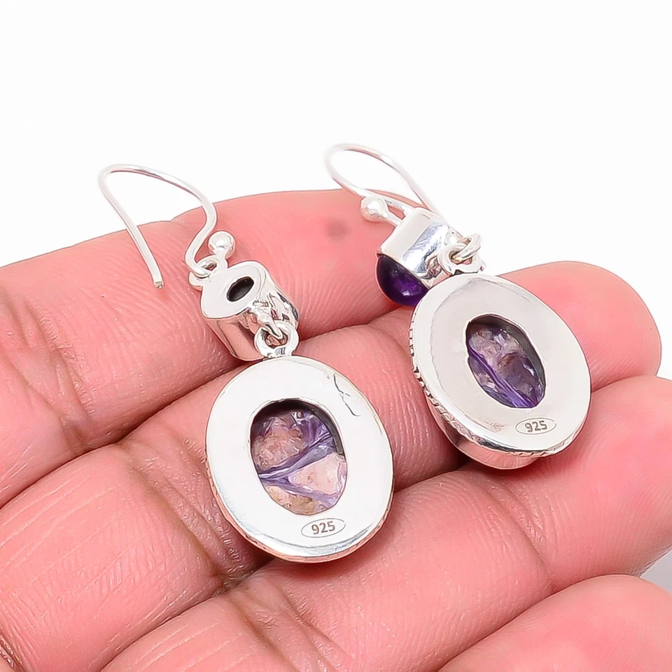 Russischer Charoit Natur Edelstein Handarbeit 925 Sterling Silber Schmuck Ohr... - Bild 4 von 4